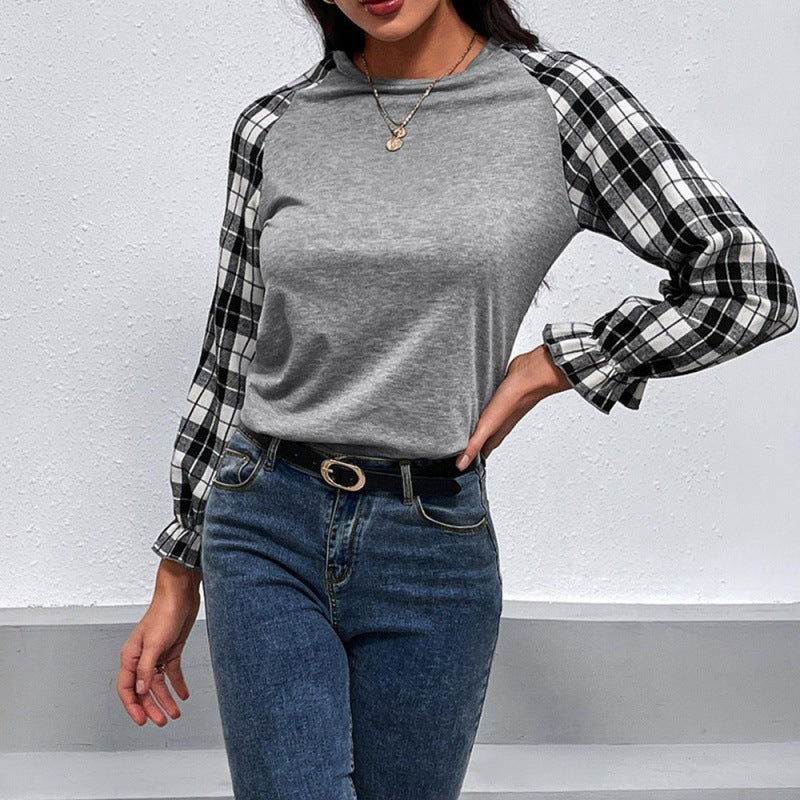 Long Sleeve Check Pattern Stitching Round Neck Pullover T-shirt