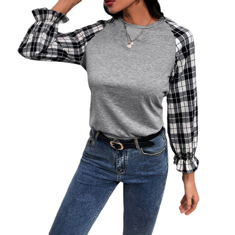 Long Sleeve Check Pattern Stitching Round Neck Pullover T-shirt